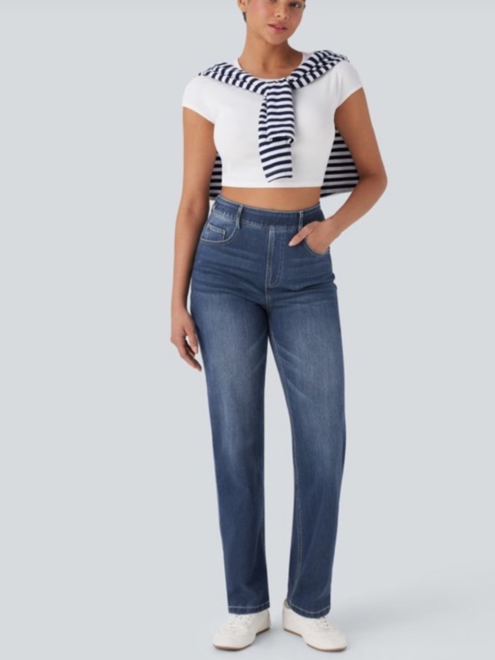 HALARA Flex Denim Pullon High Rise Straight Leg Dark Blue 4 Way Stretch Jeans 8